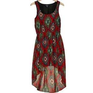 Angie Aztec Print Boho High Low Chiffon Sleeveless Red Black Dress Size L​